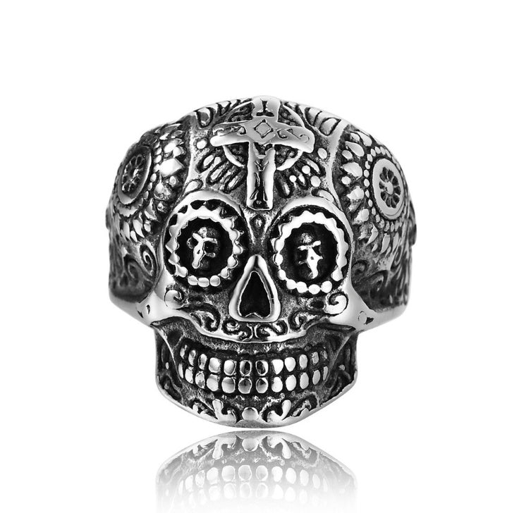 Men's Titanium Steel Cross Skull Ring – Punk Vintage Statement Band Steel & Gold