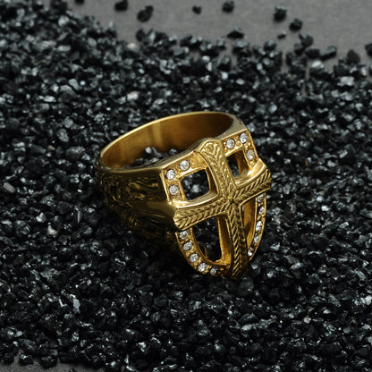 Men's Titanium Steel Shield Cross Ring – Gold Plated Gemstone Statement Band