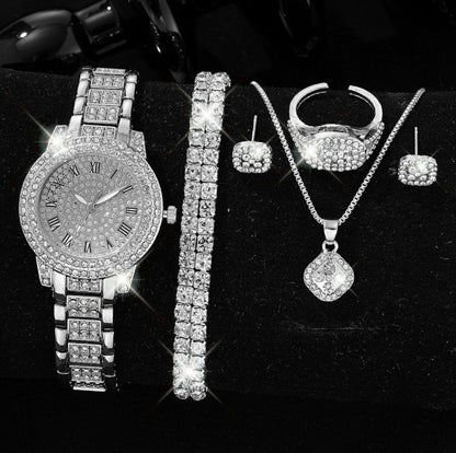 Women's 5-Piece Jewellery & Watch Gift Set – Crystal-Studded