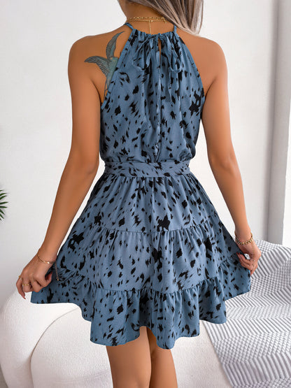 Women's Leopard Print Ruffle Swing Dress | Chiffon Halter Summer Mini