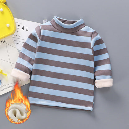 Children's Stripe Velvet-Lined Thermal Base Layer Top | High Collar Boys & Girls