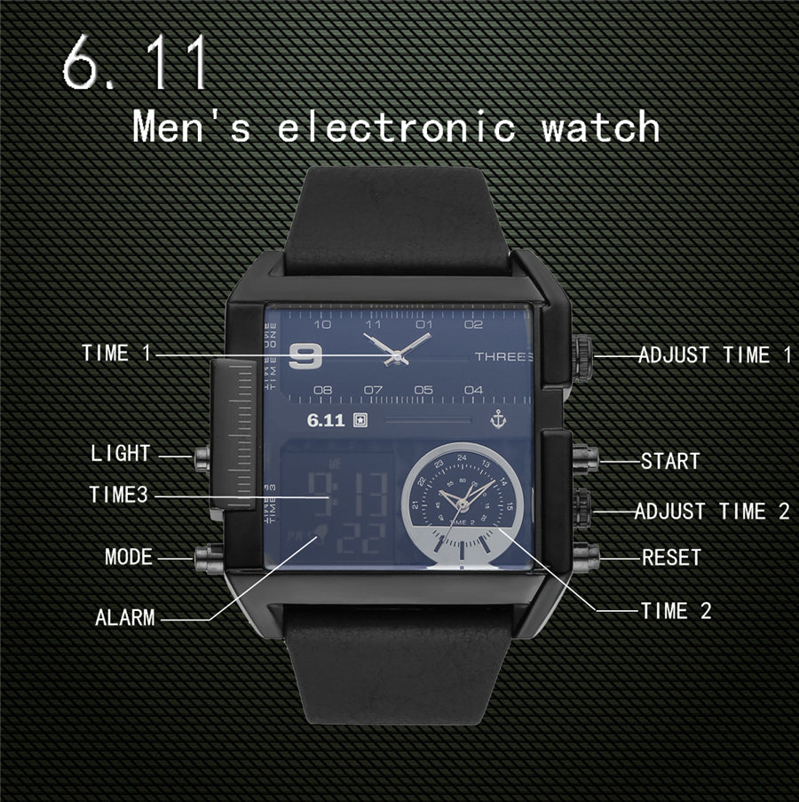 Men's Dual Display Sport Watch – 3 Time Zones, Alarm, 30M Water Resistant