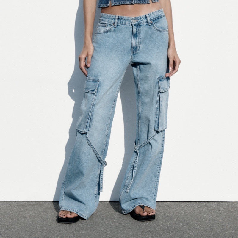 Women's Loose Strap Cargo Jeans – Mid Waist Denim in Light & Dark Blue