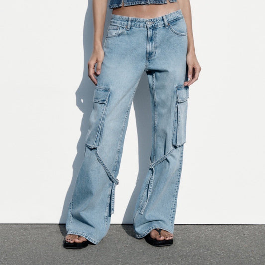 Women's Loose Strap Cargo Jeans – Mid Waist Denim in Light & Dark Blue
