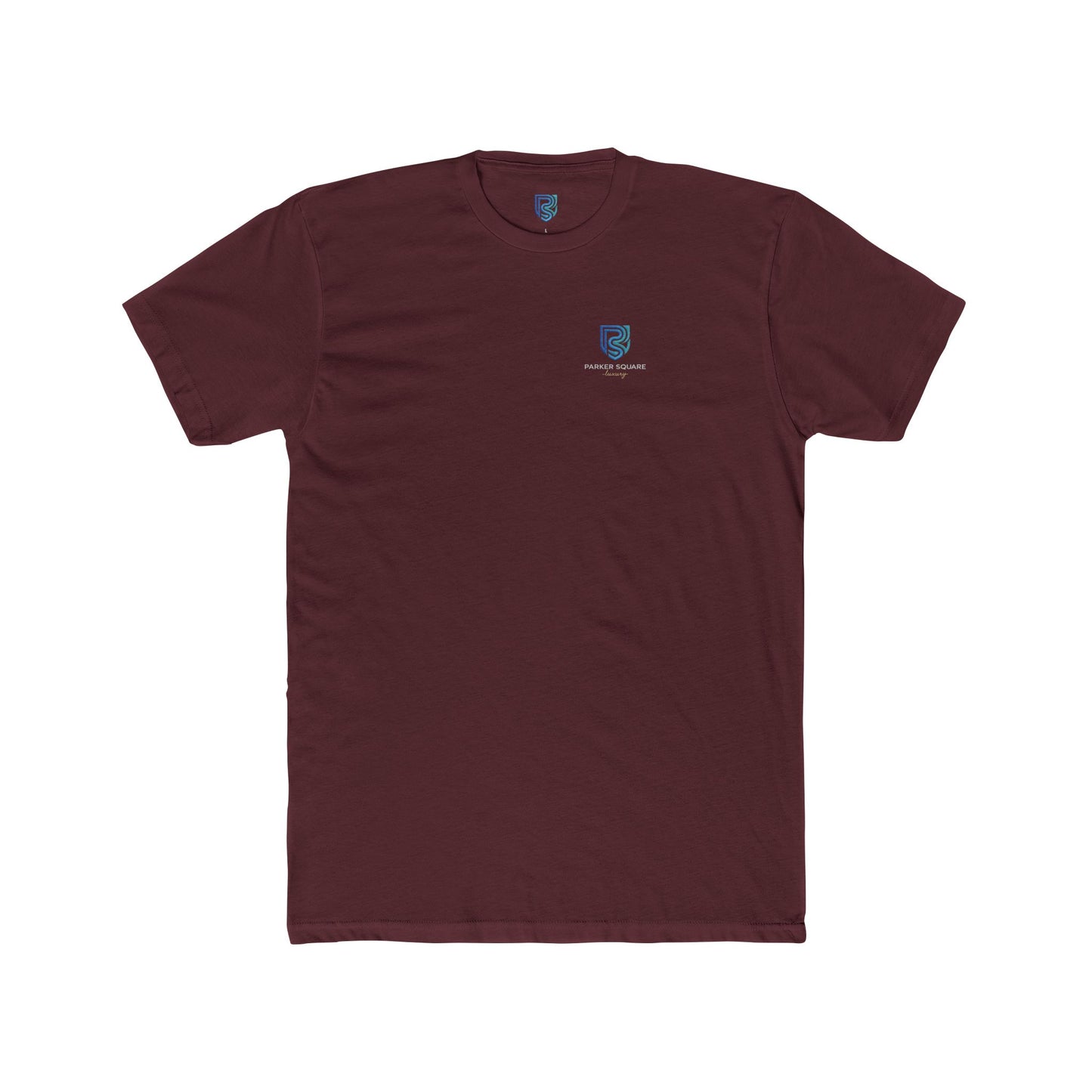 Maroon t-shirt with a small logo on the chest against a white background