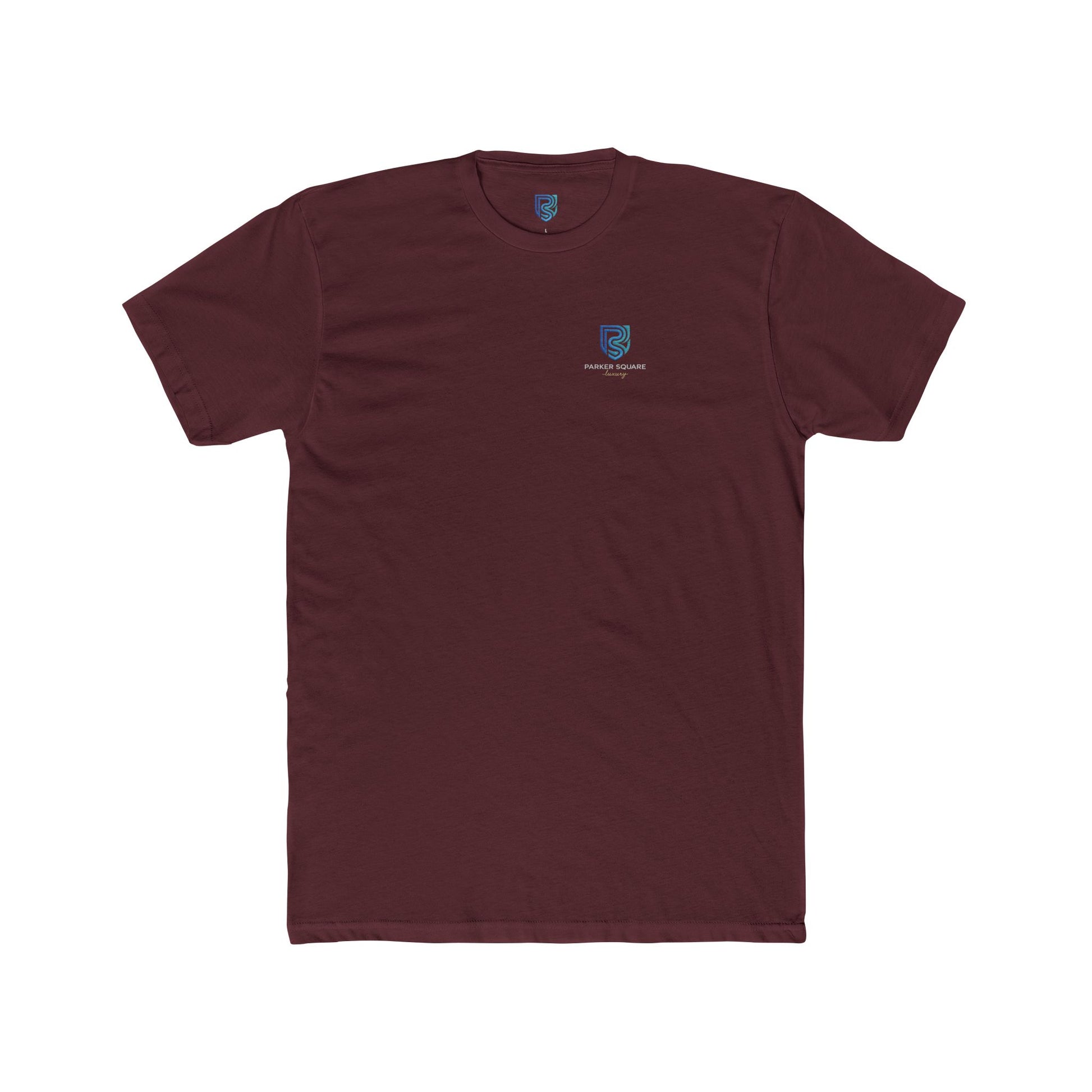 Maroon t-shirt with a small logo on the chest against a white background