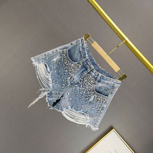 Women's Wide-Leg Denim Shorts | Distressed Cut-Out | Blue