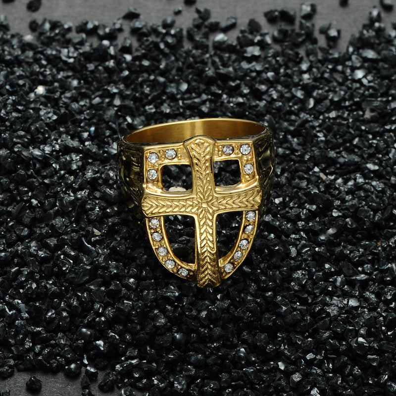 Men's Titanium Steel Shield Cross Ring – Gold Plated Gemstone Statement Band
