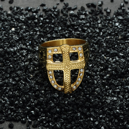 Men's Titanium Steel Shield Cross Ring – Gold Plated Gemstone Statement Band