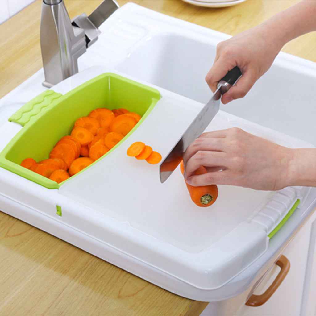 3-in-1 Sink Cutting Board with Drain Basket – Multi-Function PP Kitchen Board