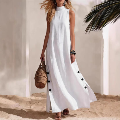 Women's Sleeveless Cotton Linen Midi Dress with Side Slits