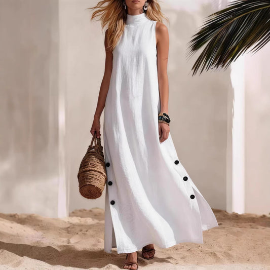 Women's Sleeveless Cotton Linen Midi Dress with Side Slits