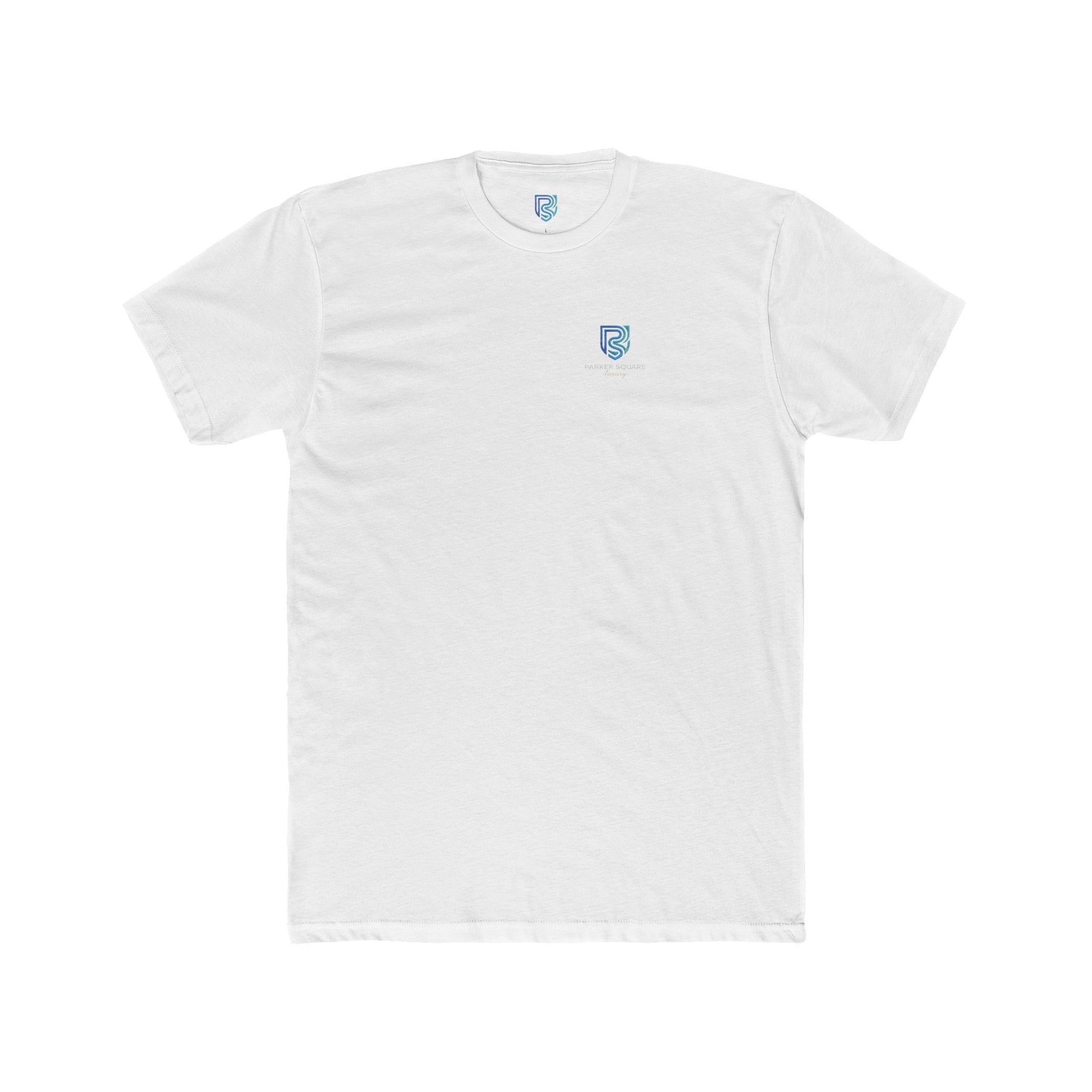 White t-shirt with a small logo on a white background