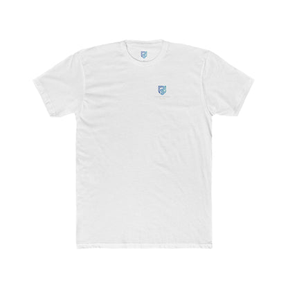 White t-shirt with a small logo on a white background