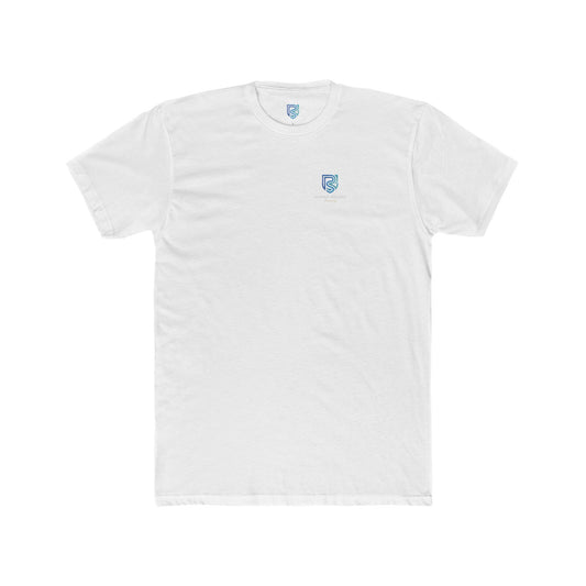 White t-shirt with a small logo on a white background