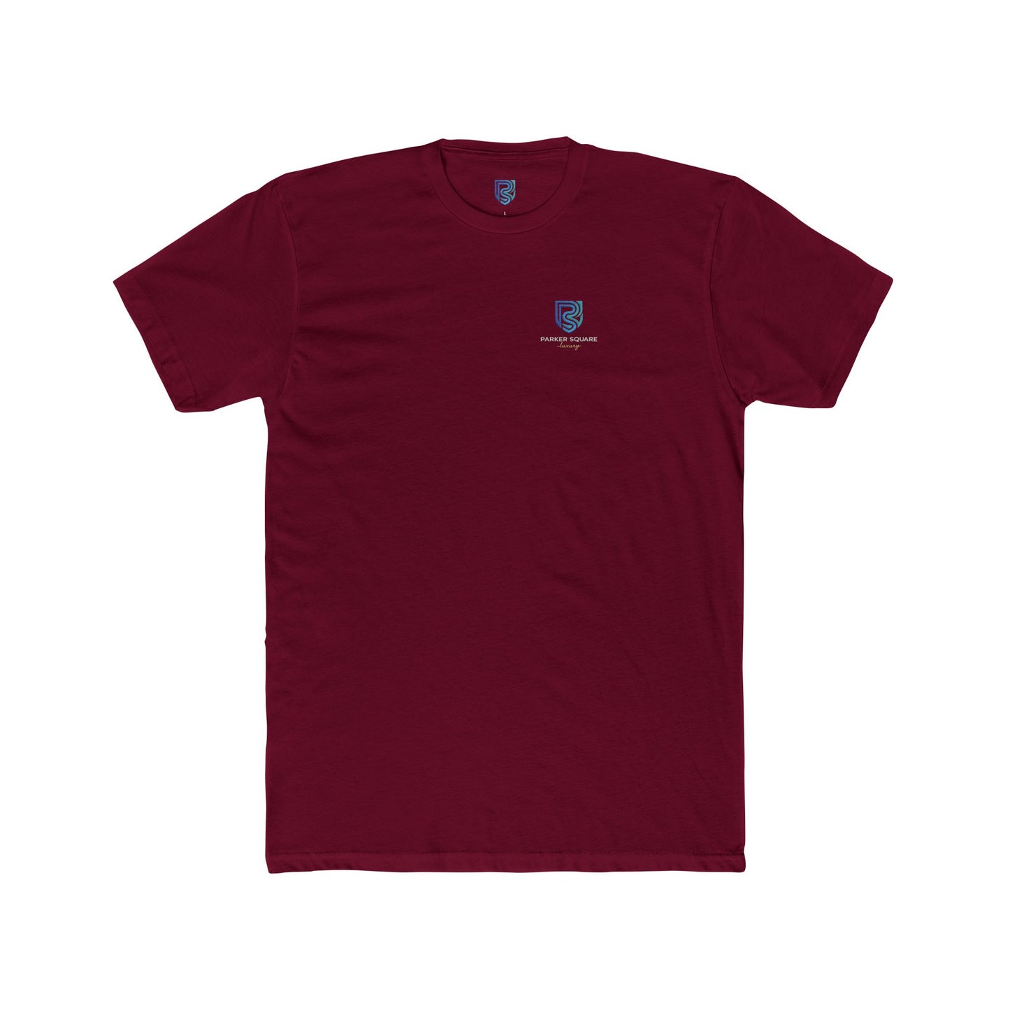 Maroon t-shirt with a small logo on a white background