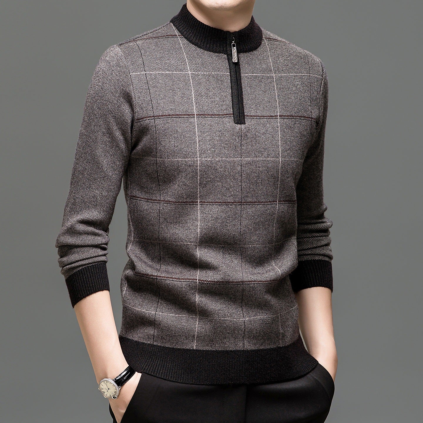 Men's Plaid Half-Zip Knit Sweater | Thick Stretch Fit | JParker