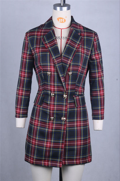Women's Check Plaid Suit-Style Midi Dress | Long-Sleeve Structured Polyester Dress