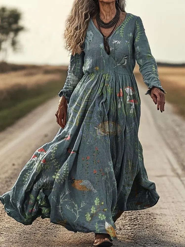 Women's 3D Print V-Neck Long Sleeve A-Line Dress