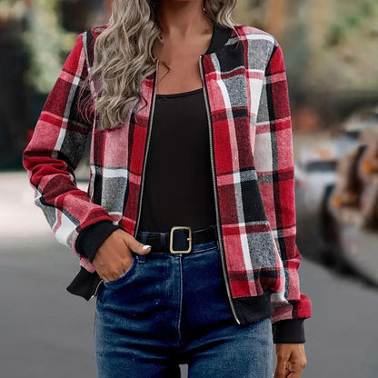 Women's Plaid Zip-Up Baseball Jacket – 8 Colours, Sizes S–XXL