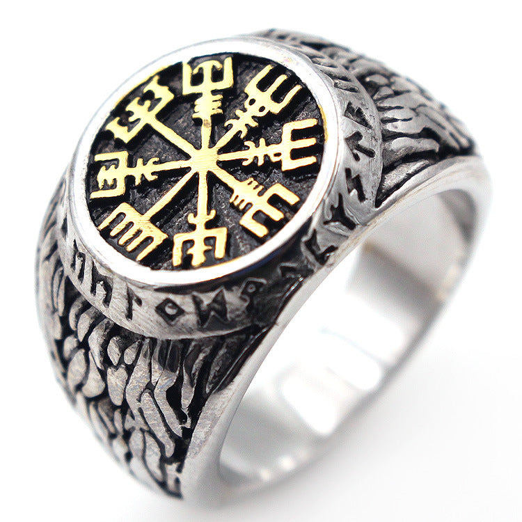 Men's 316L Titanium Steel Victor King Symbol Ring – Vintage Gold & Steel Statement Band