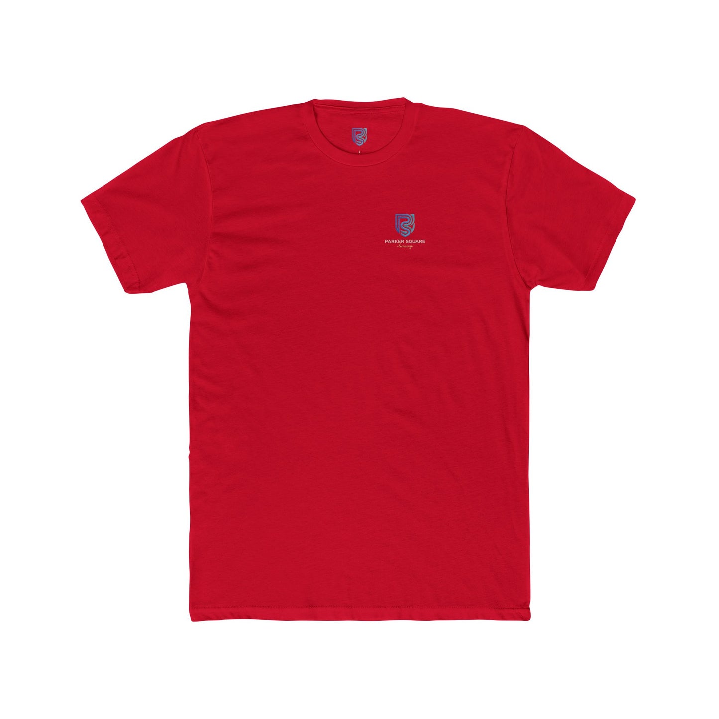 Red t-shirt with a small logo on a white background