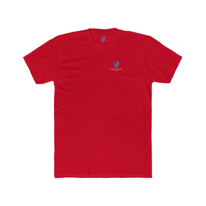 Red t-shirt with a small logo on a white background