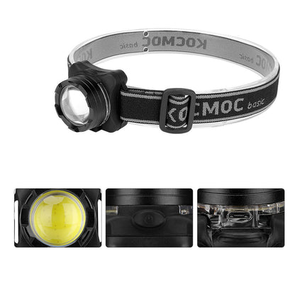 USB Rechargeable COB LED Headlamp – White & Red Light Modes Adjustable Headband Silver & Black