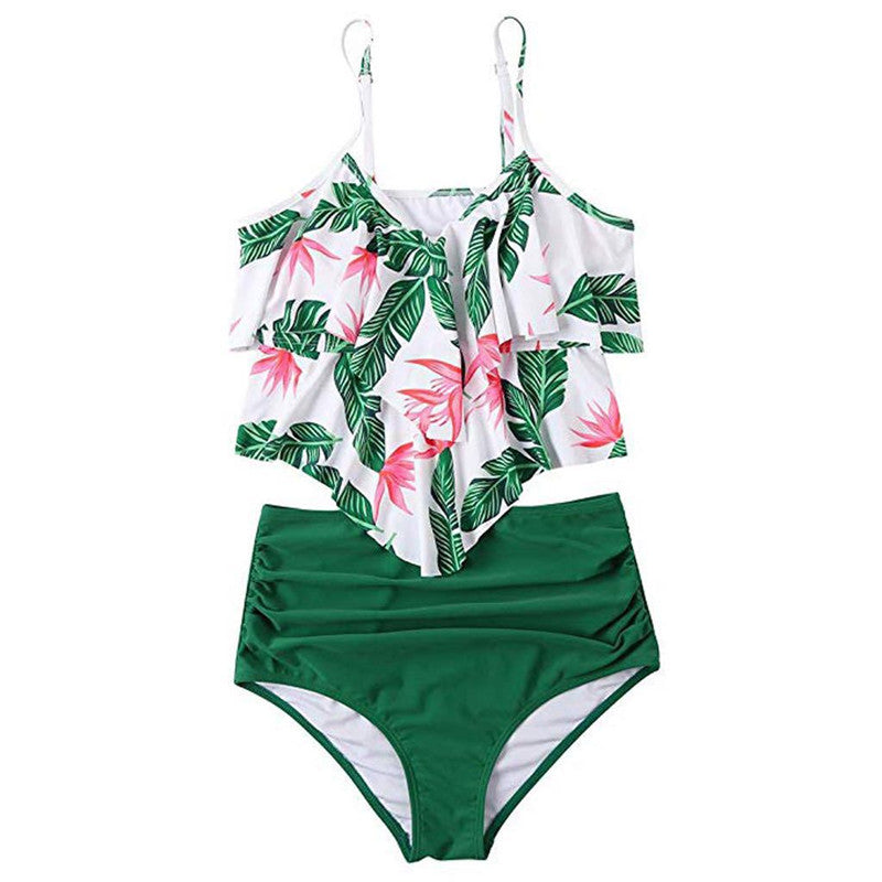 Women's Ruffled Bikini Set – Polyester, Rose Red, Green & Black