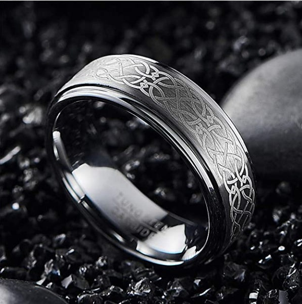 Men's Tungsten Steel Laser Pattern Ring – Grey & White European Statement Band