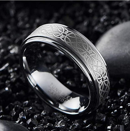 Men's Tungsten Steel Laser Pattern Ring – Grey & White European Statement Band