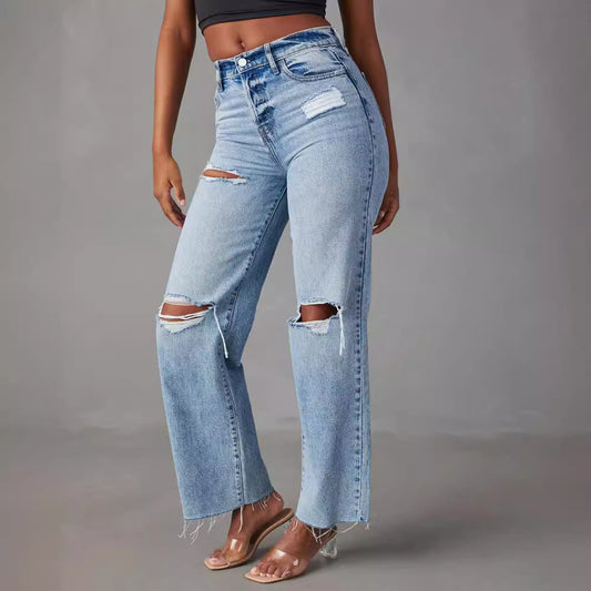 Women's High Waist Ripped Straight Leg Jeans