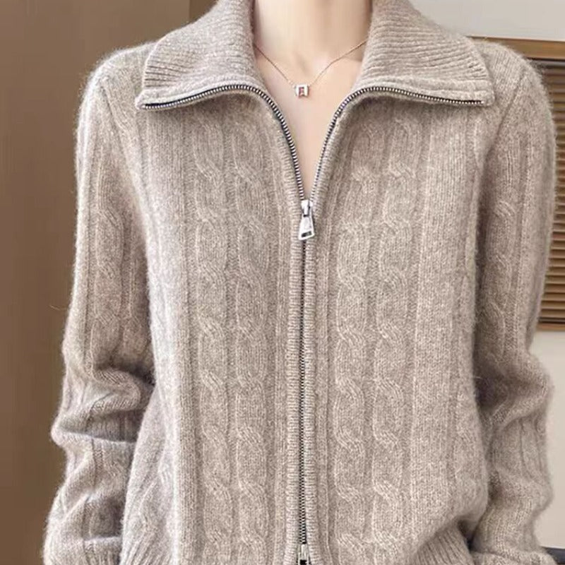 Women's Twist-Open Cardigan with Double Zip and Lapel Collar