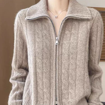 Women's Twist-Open Cardigan with Double Zip and Lapel Collar