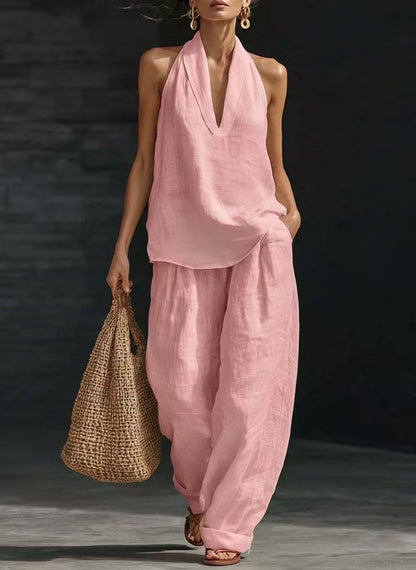 Women's Sleeveless Vest & Wide-Leg Trousers Two-Piece Set