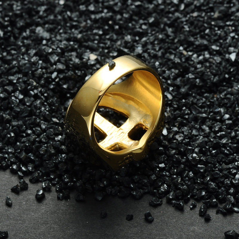 Men's Titanium Steel Shield Cross Ring – Gold Plated Gemstone Statement Band
