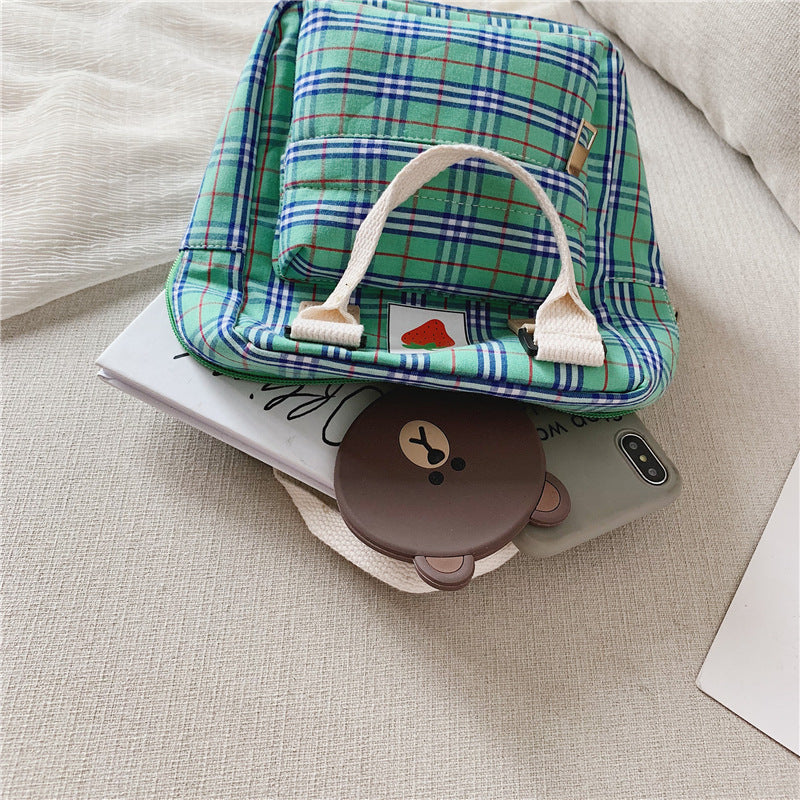 Kids' Checked Canvas Mini Backpack – Waterproof Multi-Pocket School Bag