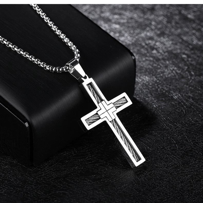 Men's Titanium Steel Cross Necklace with Chain | Black, Gold & Silver