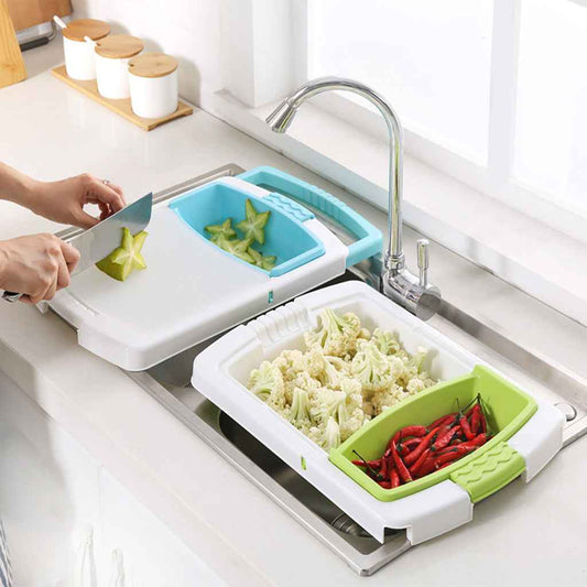 3-in-1 Sink Cutting Board with Drain Basket – Multi-Function PP Kitchen Board
