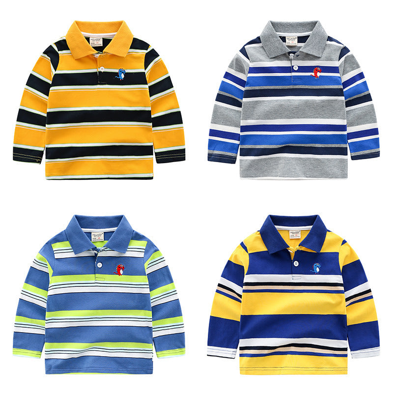 Boys' Striped Long Sleeve T-Shirt | Cotton Lapel Top | 7 Colours