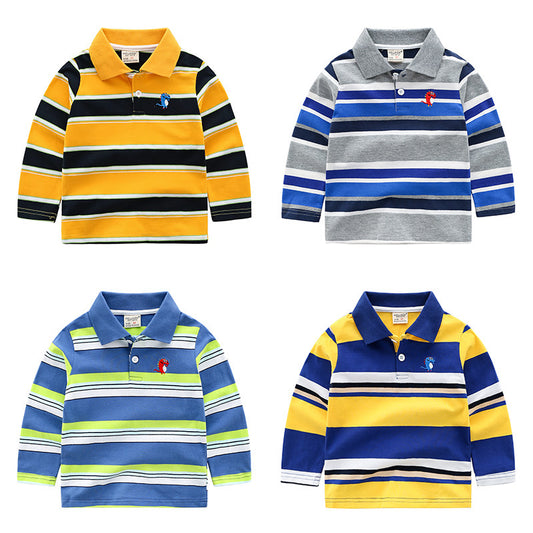 Boys' Striped Long Sleeve T-Shirt | Cotton Lapel Top | 7 Colours