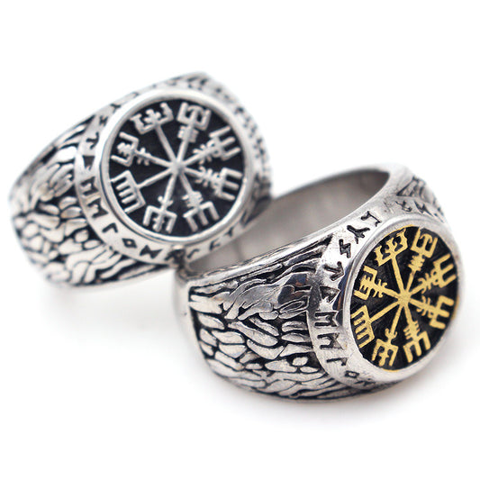 Men's 316L Titanium Steel Victor King Symbol Ring – Vintage Gold & Steel Statement Band