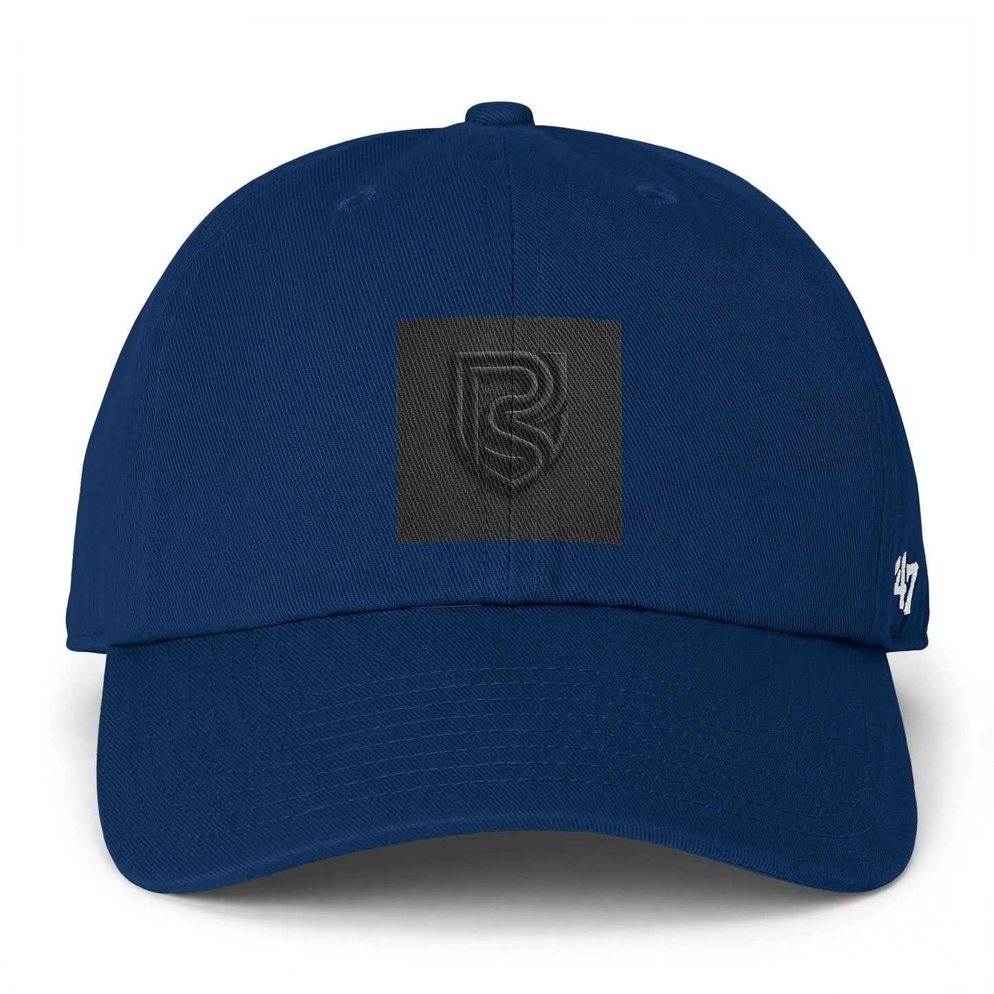 Blue cap with a black logo on a white background