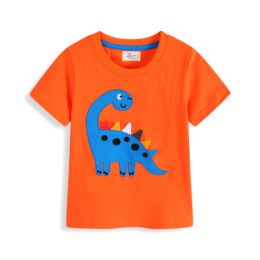 Kids Dinosaur Embroidery Cotton T-Shirt | Short Sleeve