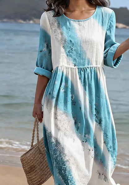 Women's Casual Round Neck Mid Sleeve Printed Dress | Blue