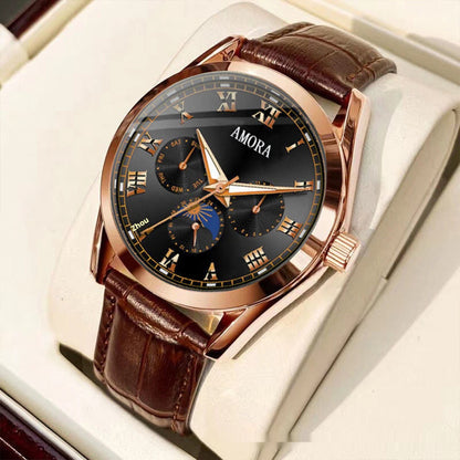 Men's Luminous Quartz Watch | Water Resistant | Black, Brown & White
