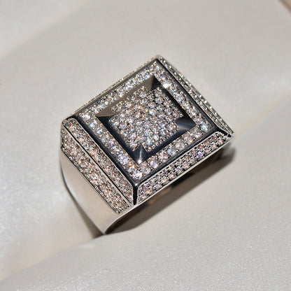 Men's Copper AAA Zircon Square Ring – Micro Pavé Geometric Gold & Silver Band