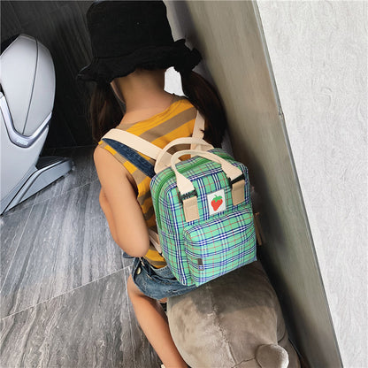 Kids' Checked Canvas Mini Backpack – Waterproof Multi-Pocket School Bag