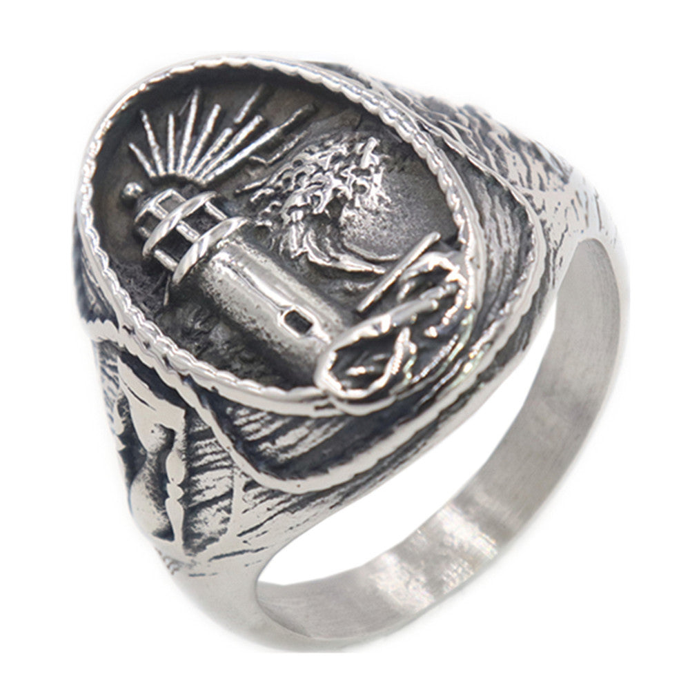 Men's Stainless Steel Lighthouse Ring – Punk Nautical Statement Band