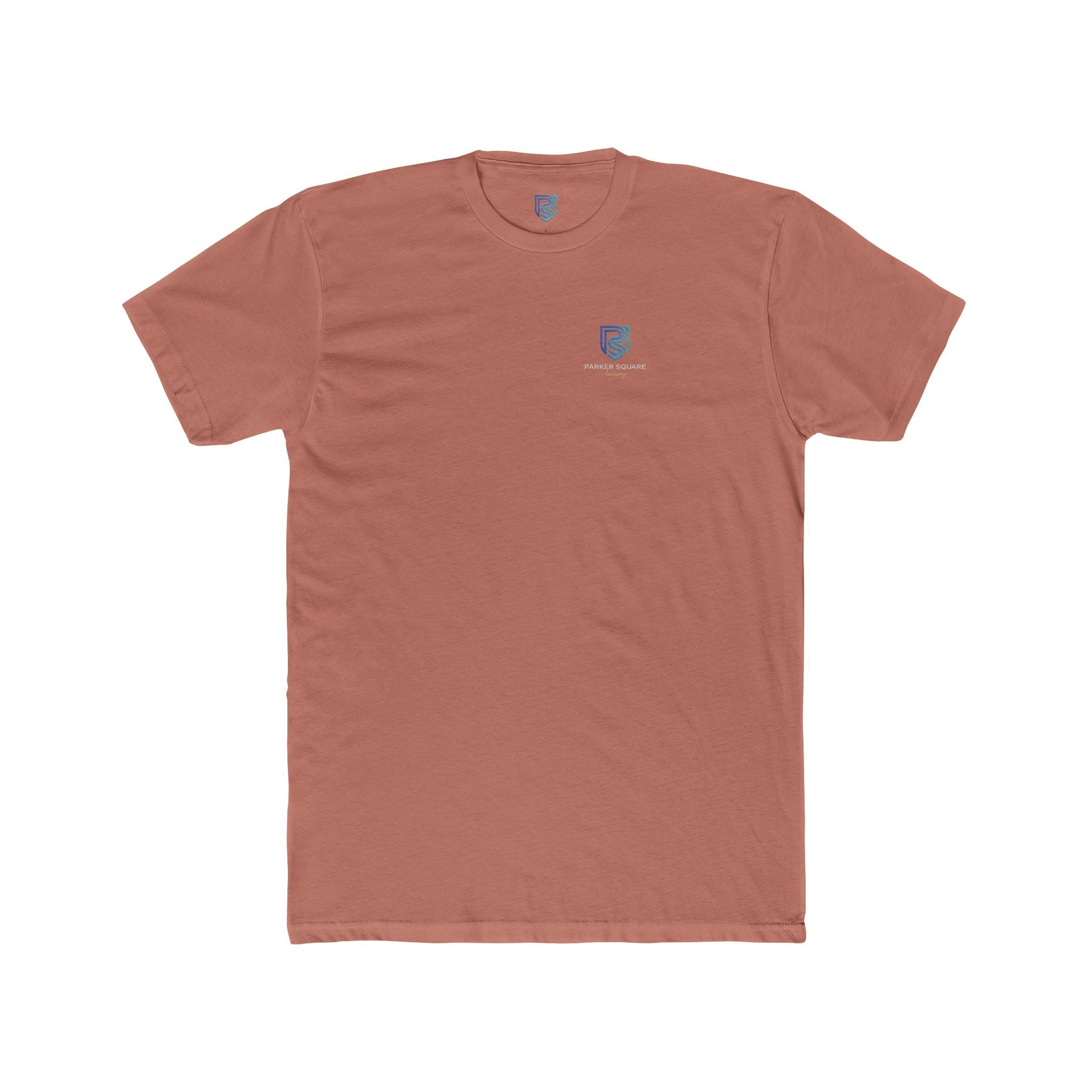 Brown t-shirt with a small logo on a white background